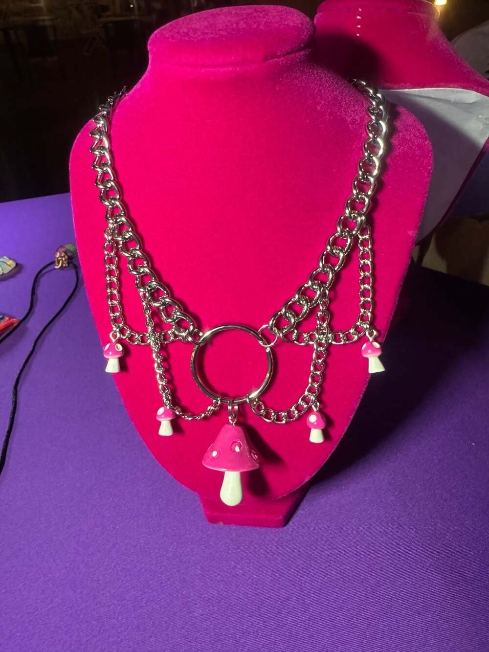 Chunky Silver-Tone Chain Necklace with Pink Mushroom Charms and O-Ring